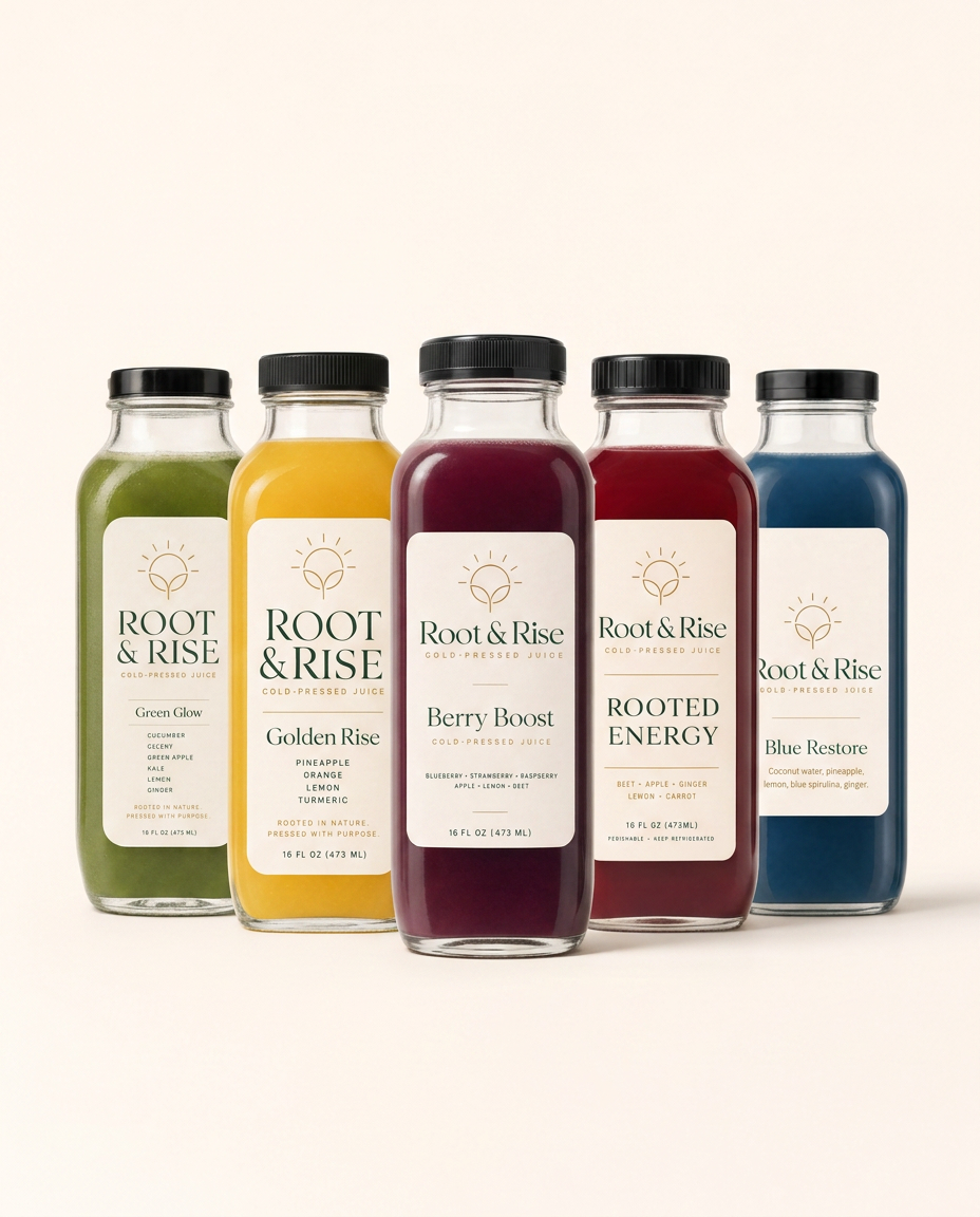 The full Root & Rise cold-pressed juice collection