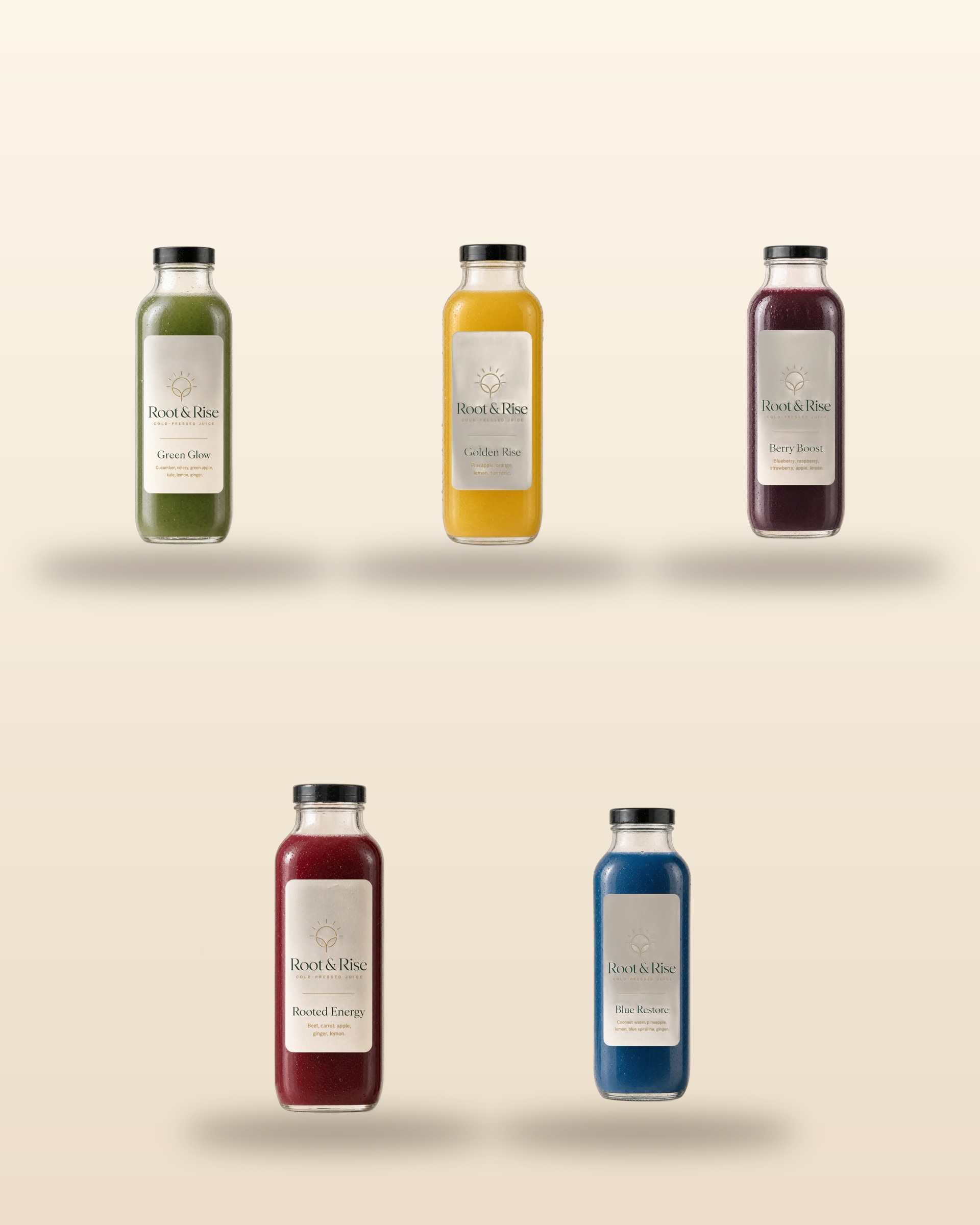 The full Root & Rise cold-pressed juice collection